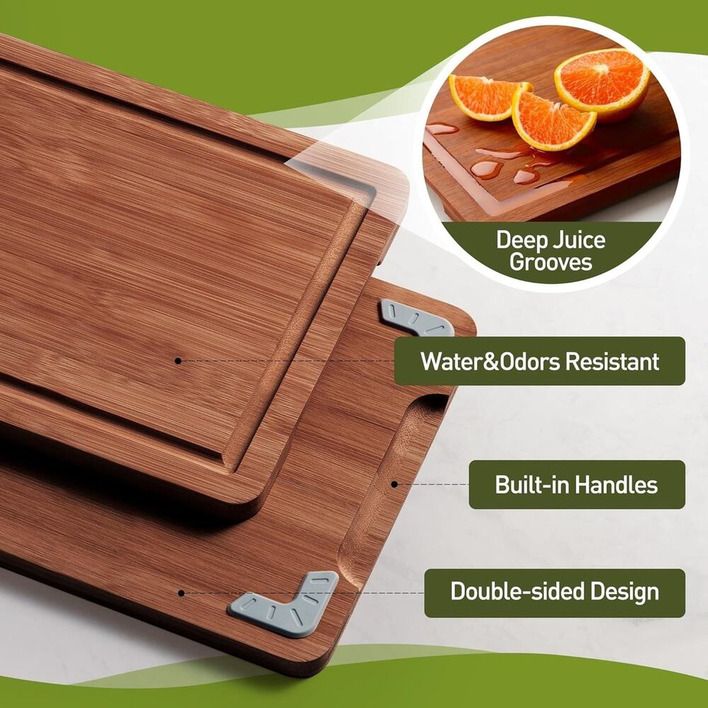 Bamboo Cutting Board Set Non Slip Feet Over Sink Father Day 4-Piece, Brown - Picture 5 of 6